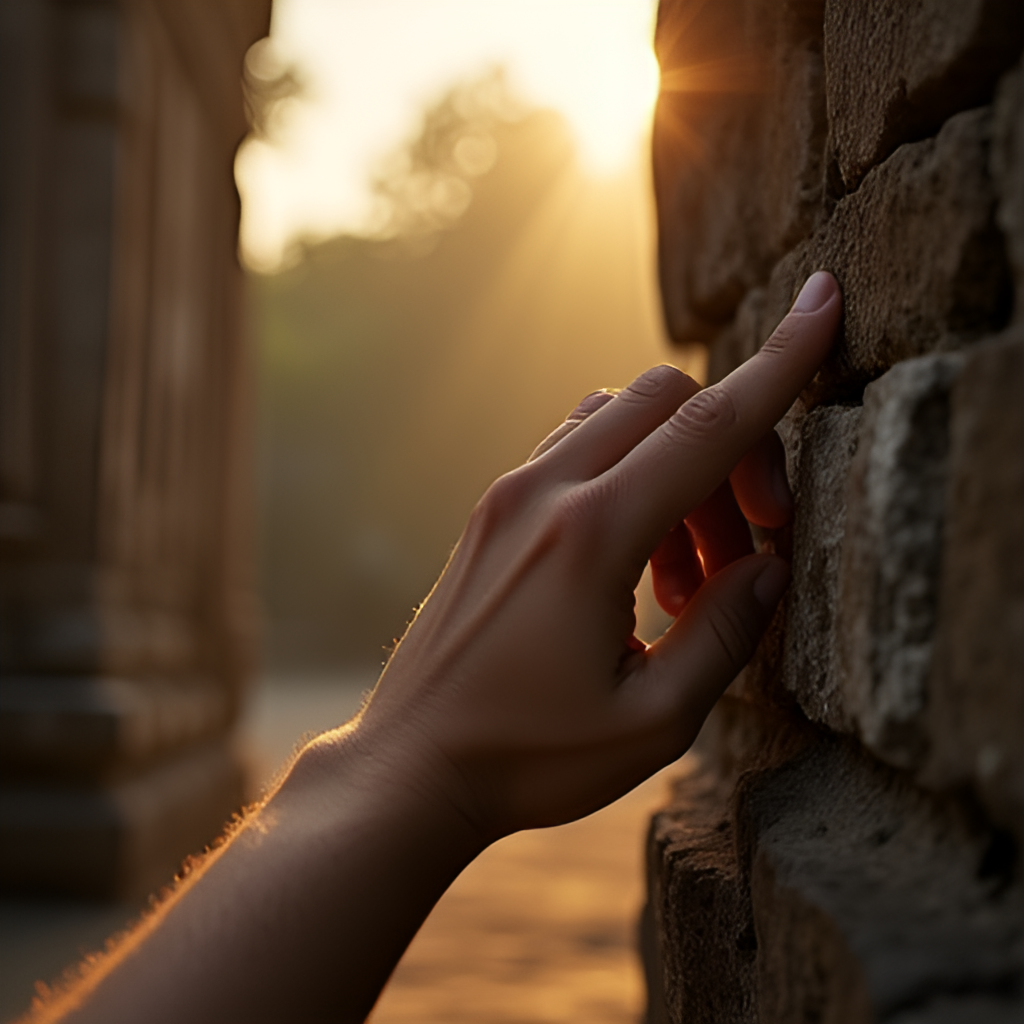 A thoughtful image showing a traveler's hand gently touching the ancient stones of Angkor Wat, with rays of sunlight breaking through the trees in the background, conveying a sense of history and personal connection. Cinematic, golden hour lighting.