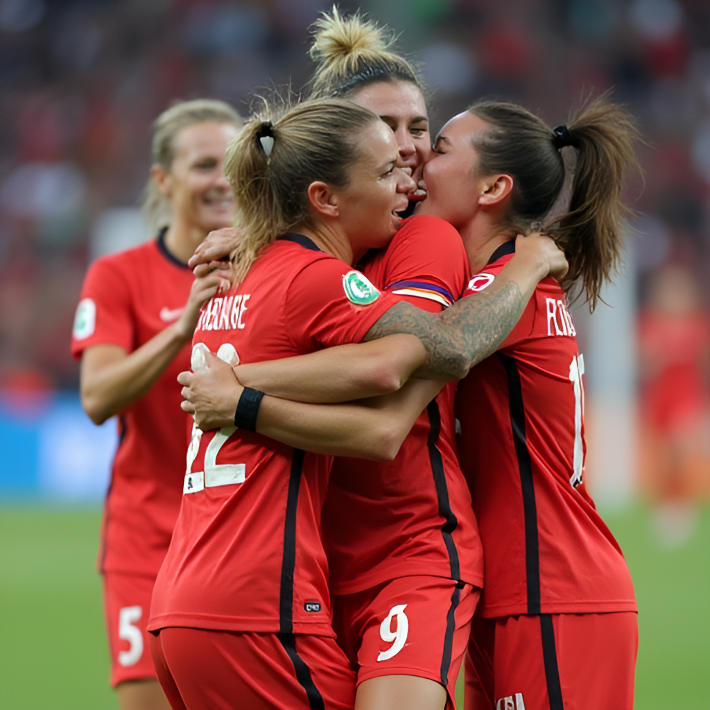 Close-up shot of female football players celebrating a goal during a UEFA Women's Euro 2025 match, showing intense emotion and team spirit.