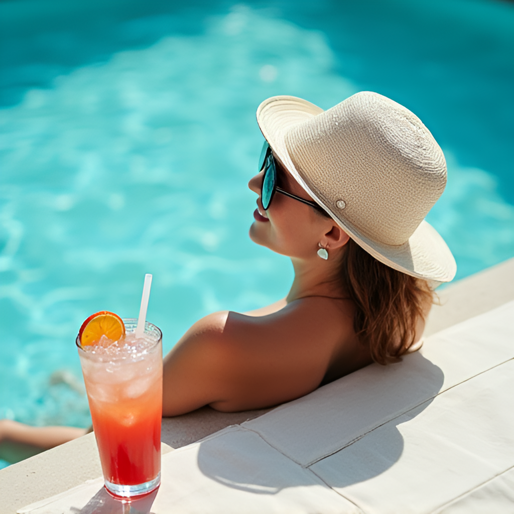 A person is shown relaxing by a swimming pool, partially submerged in cool water, wearing a wide-brimmed hat and sunglasses. A cold drink with condensation is on the table next to them, emphasizing relief from heat.