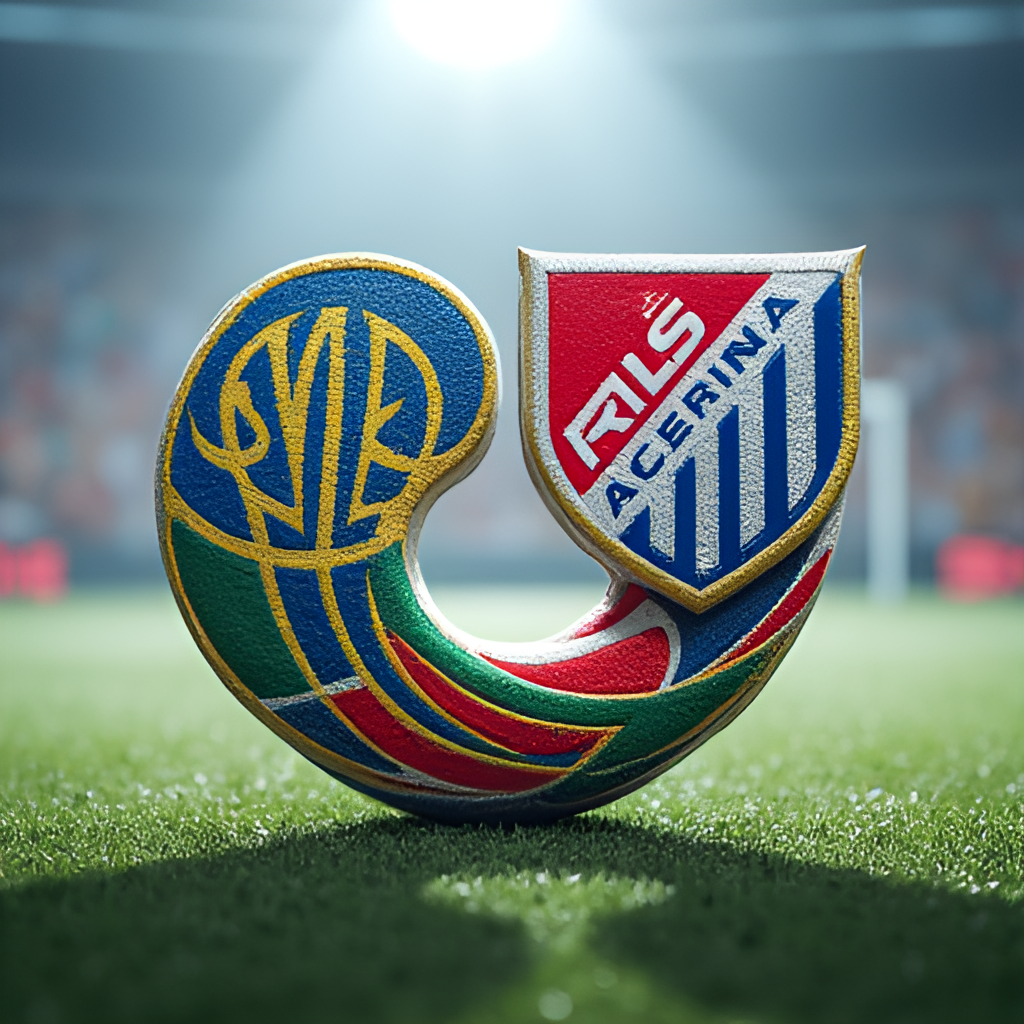 A conceptual image showcasing the bridge between MLS and Liga MX, with team logos (Inter Miami and Necaxa prominent) intertwined over a football field, symbolizing collaboration and competition. The setting should be North American, perhaps with subtle cultural elements from both regions.