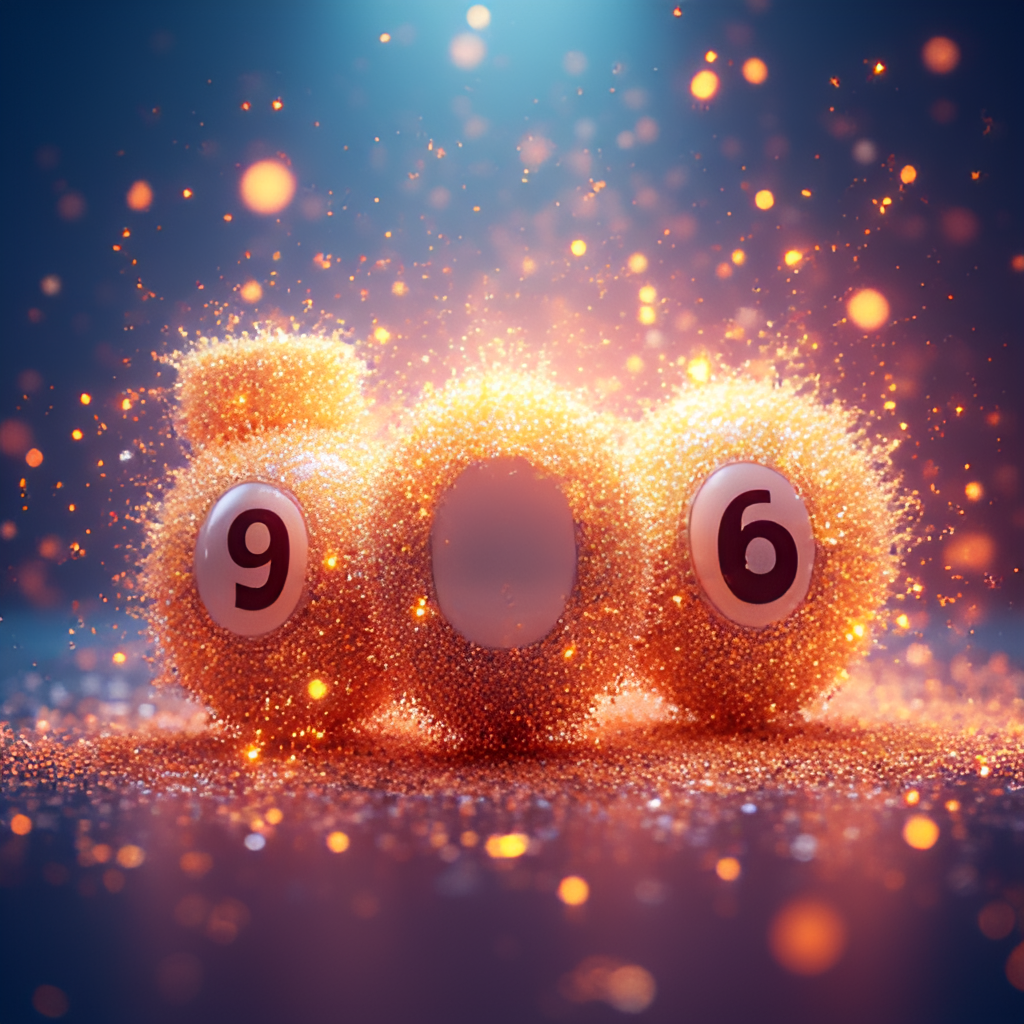 An abstract, vibrant illustration depicting winning lottery numbers surrounded by sparkling light and confetti, symbolizing joy and success, with a subtle European flag motif in the background.
