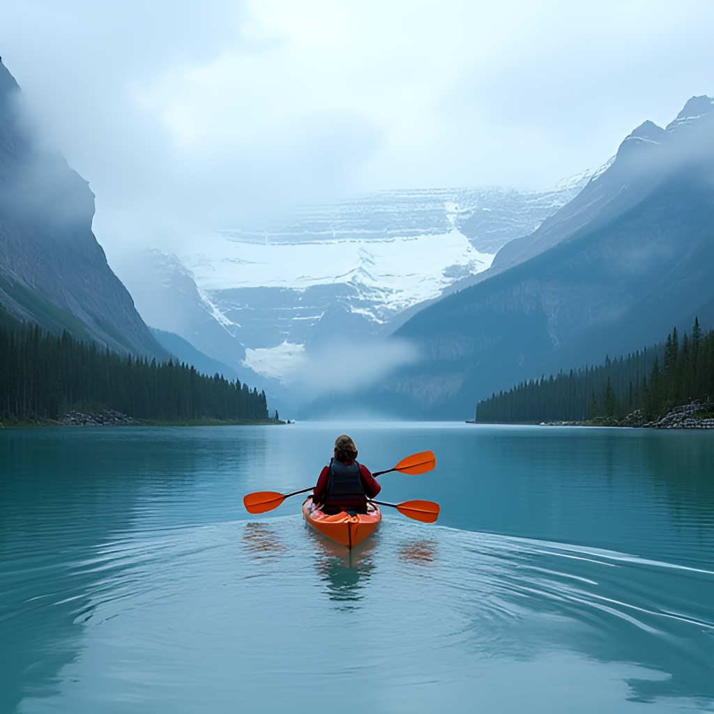 A dynamic shot of a person kayaking on a calm, glacial lake in Alaska, with towering mountains and a lush forest in the background, conveying a sense of adventure and tranquility in the wilderness.